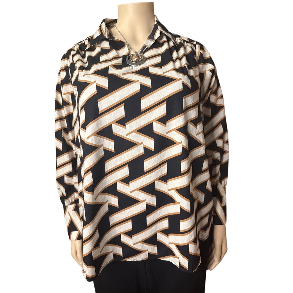 Lane Bryant Geometric Blouse Long Sleeve Size 18/20 in Black, Cream, and Tan